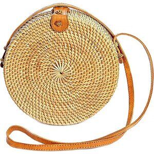 Women's Brown Medium Round Rattan Handmade Straw Wicker Cross Body Boho Bags